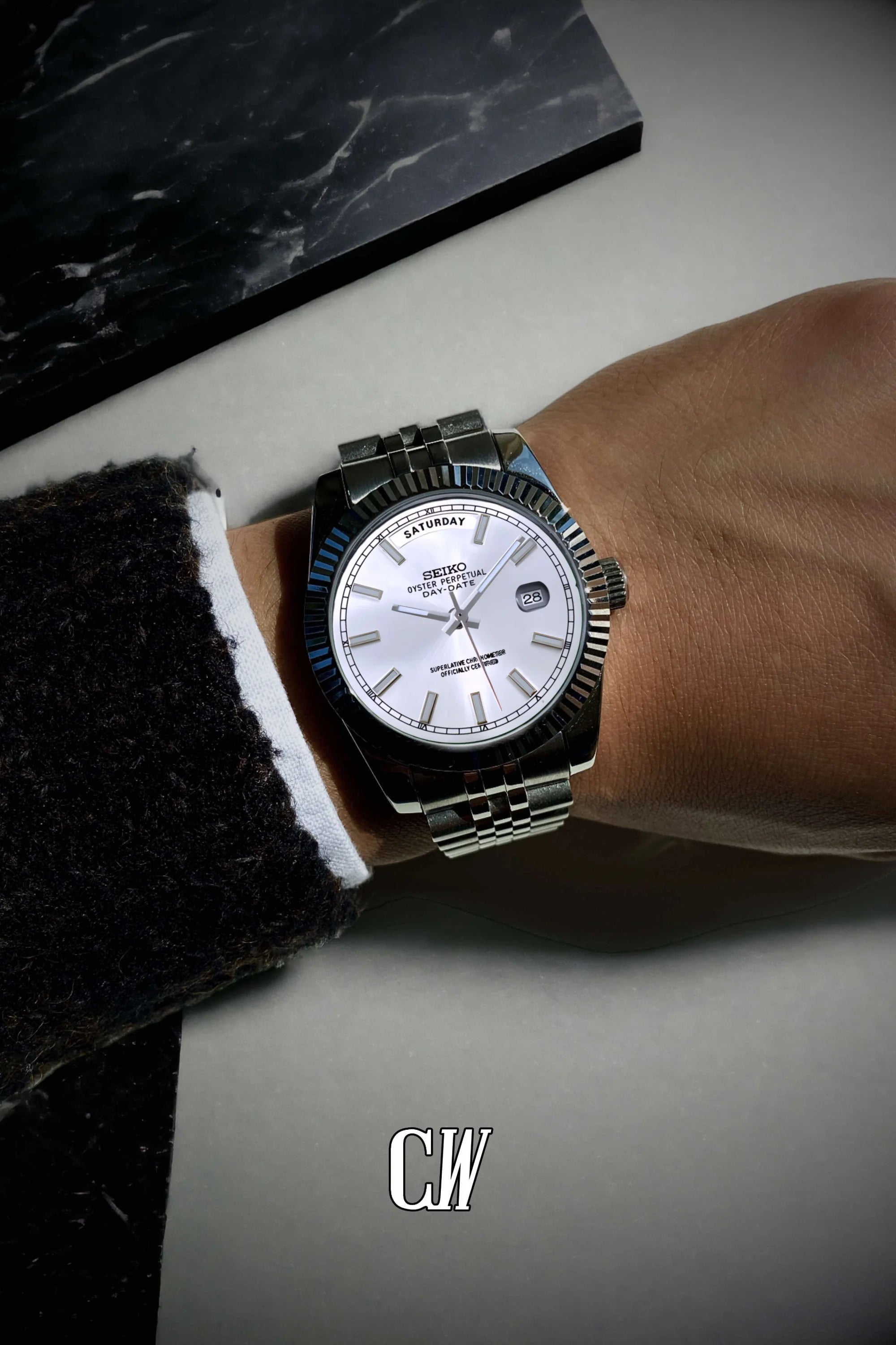 Seikojust mod daydate white automatic watch - Circa Watch Labs