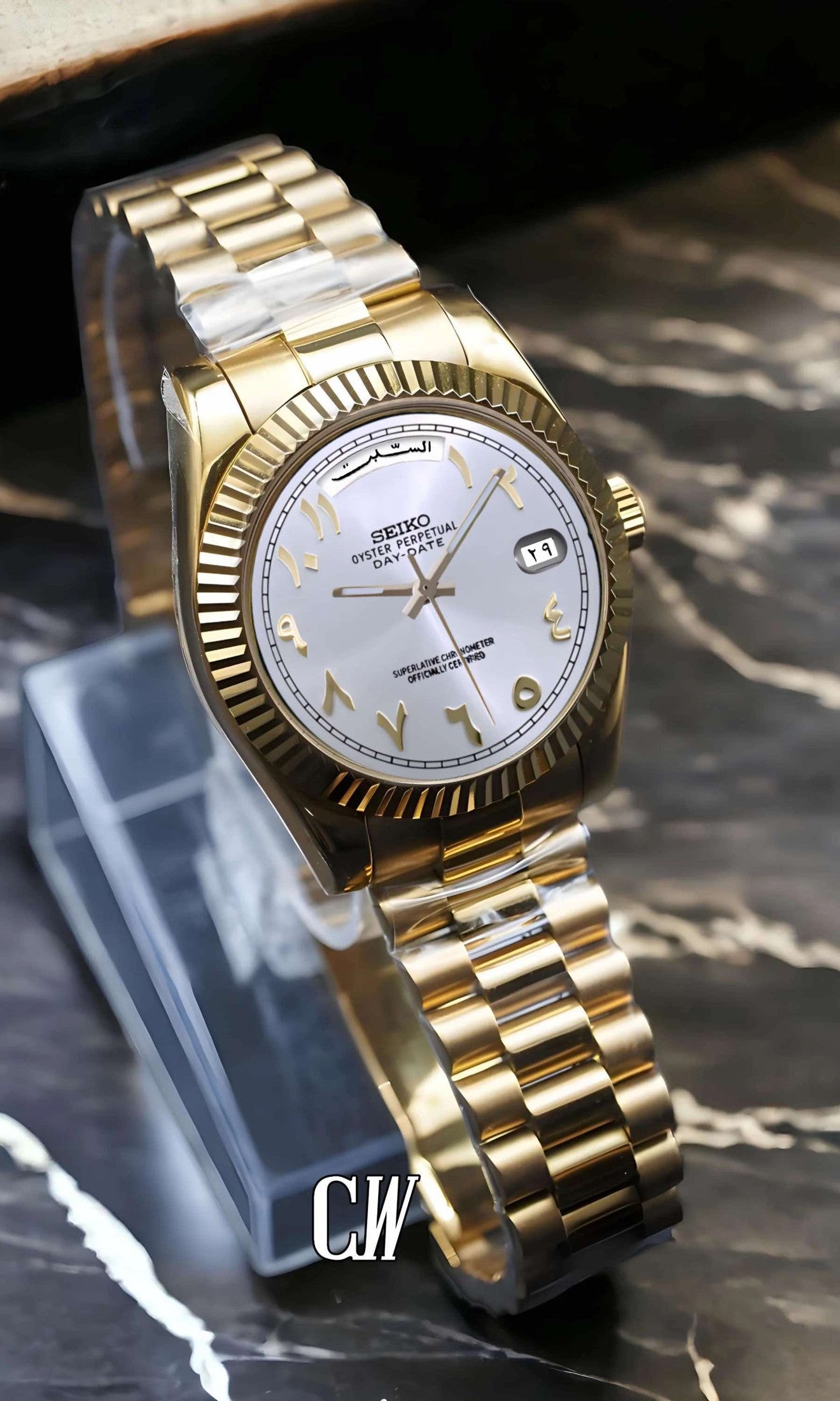 Seikojust mod daydate white gold arabic automatic watch