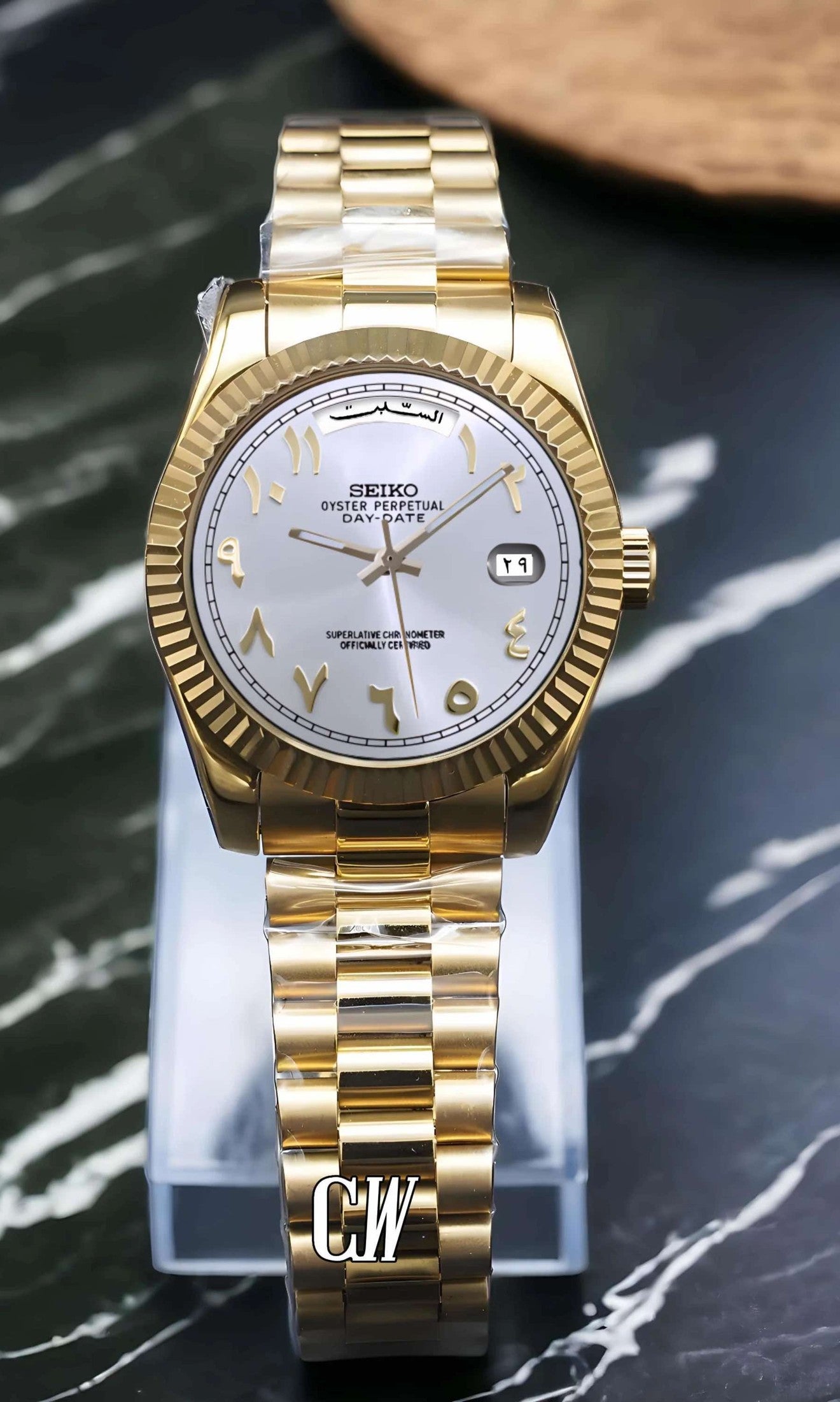 Seikojust mod daydate white gold arabic automatic watch - Circa Watch Labs seiko mod