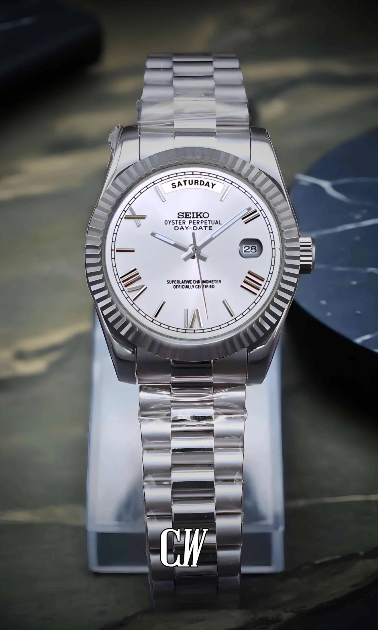 Seikojust mod daydate white roman numeral automatic watch - Circa Watch Labs seiko mod
