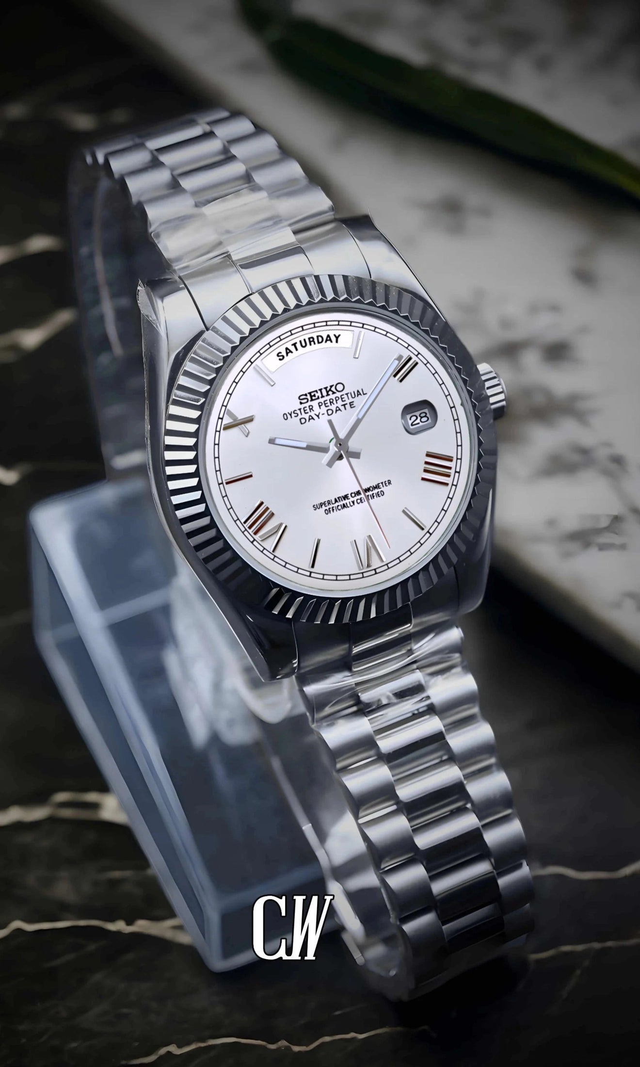 Seikojust mod daydate white roman numeral automatic watch - Circa Watch Labs