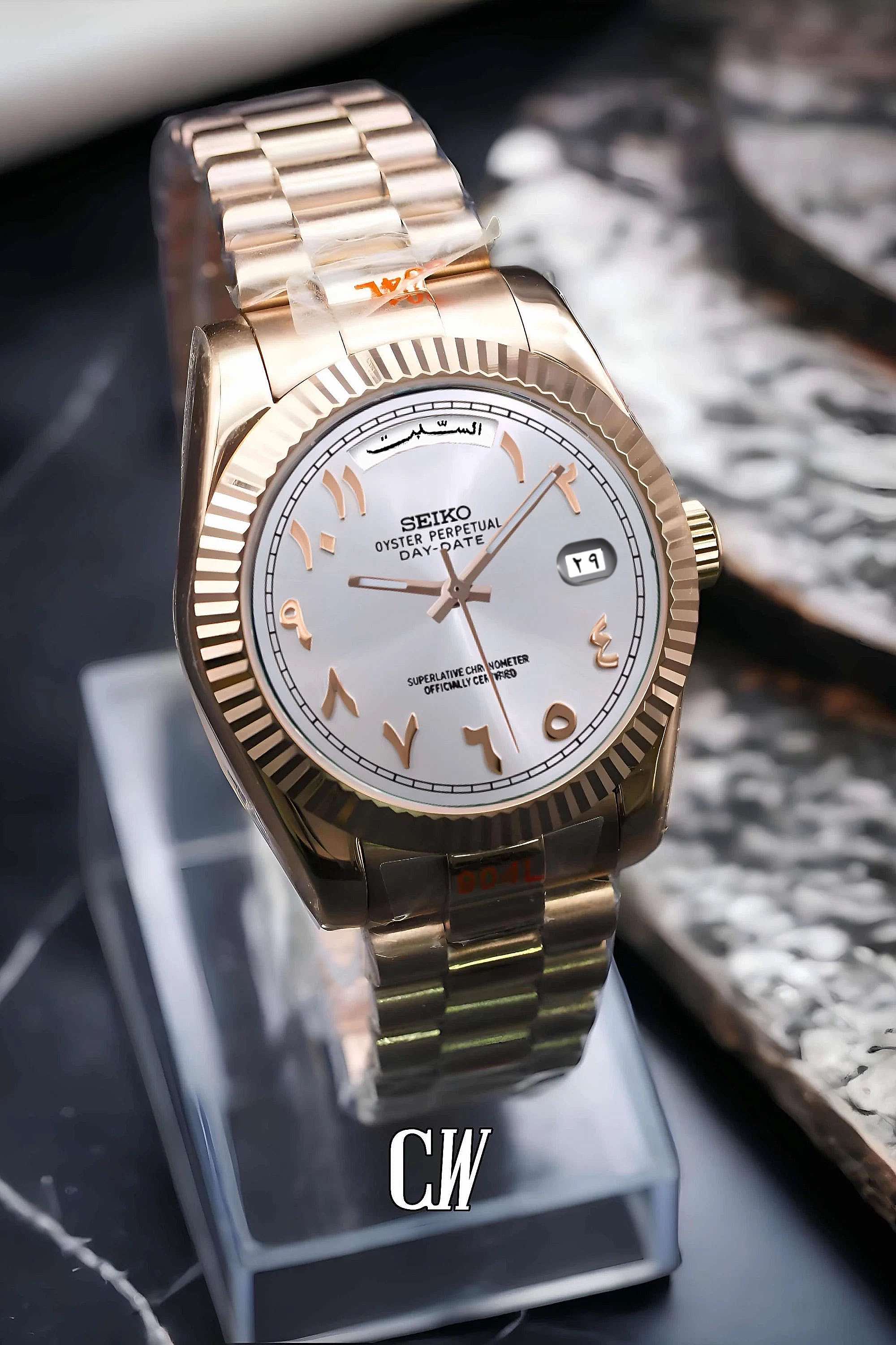 Seikojust mod daydate white rose gold arabic automatic watch - Circa Watch Labs