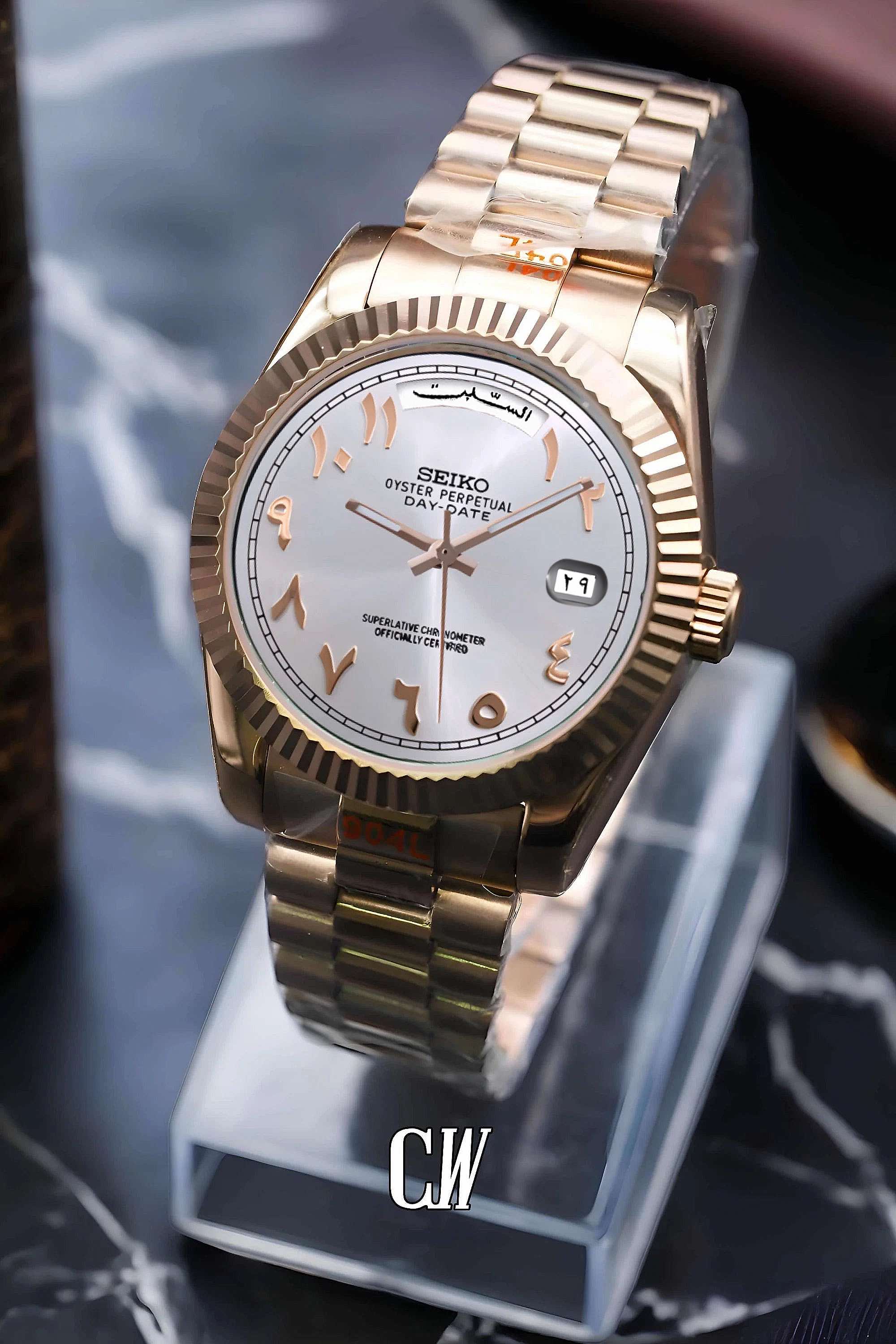Seikojust mod daydate white rose gold arabic automatic watch - Circa Watch Labs
