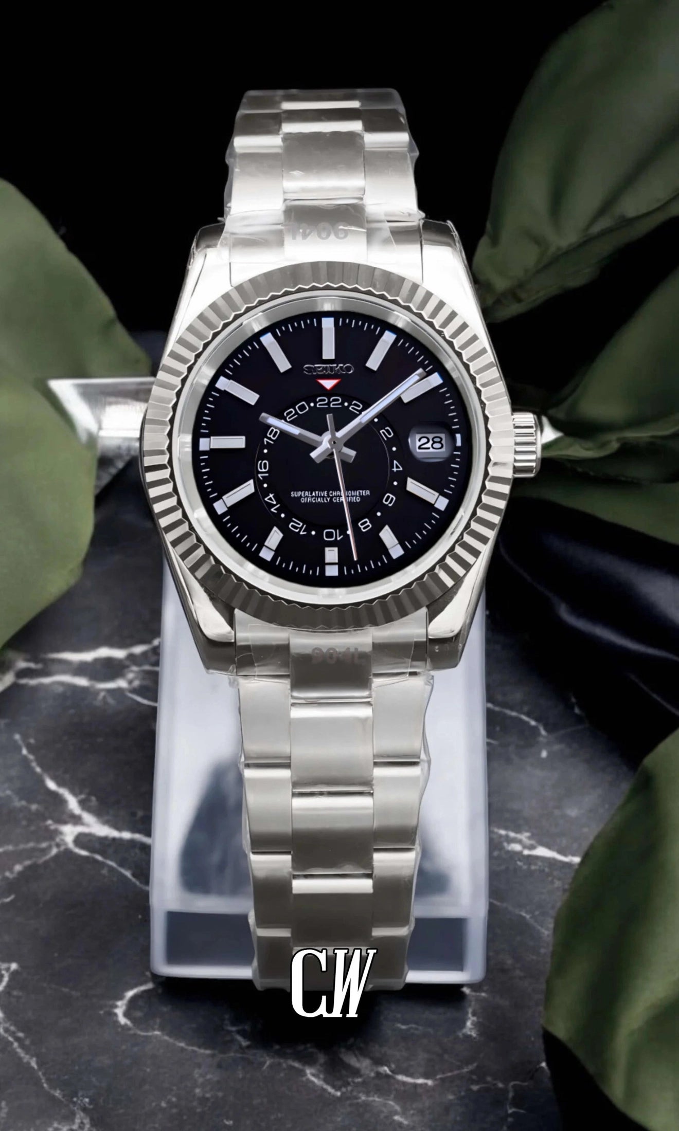 Seikojust mod skydweller watch black - Circa Watch Labs seiko mod