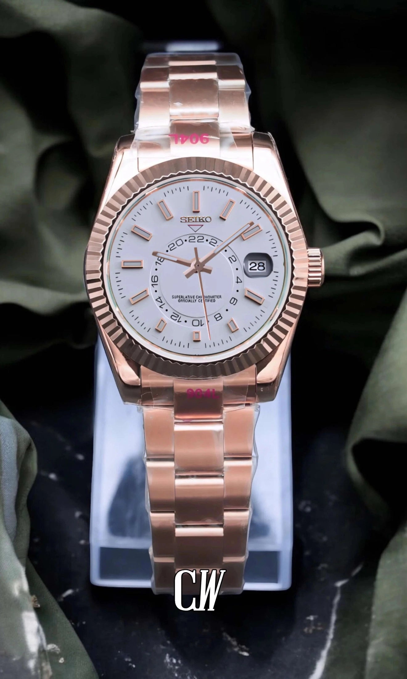 Seikojust mod skydweller watch white rose gold - Circa Watch Labs seiko mod
