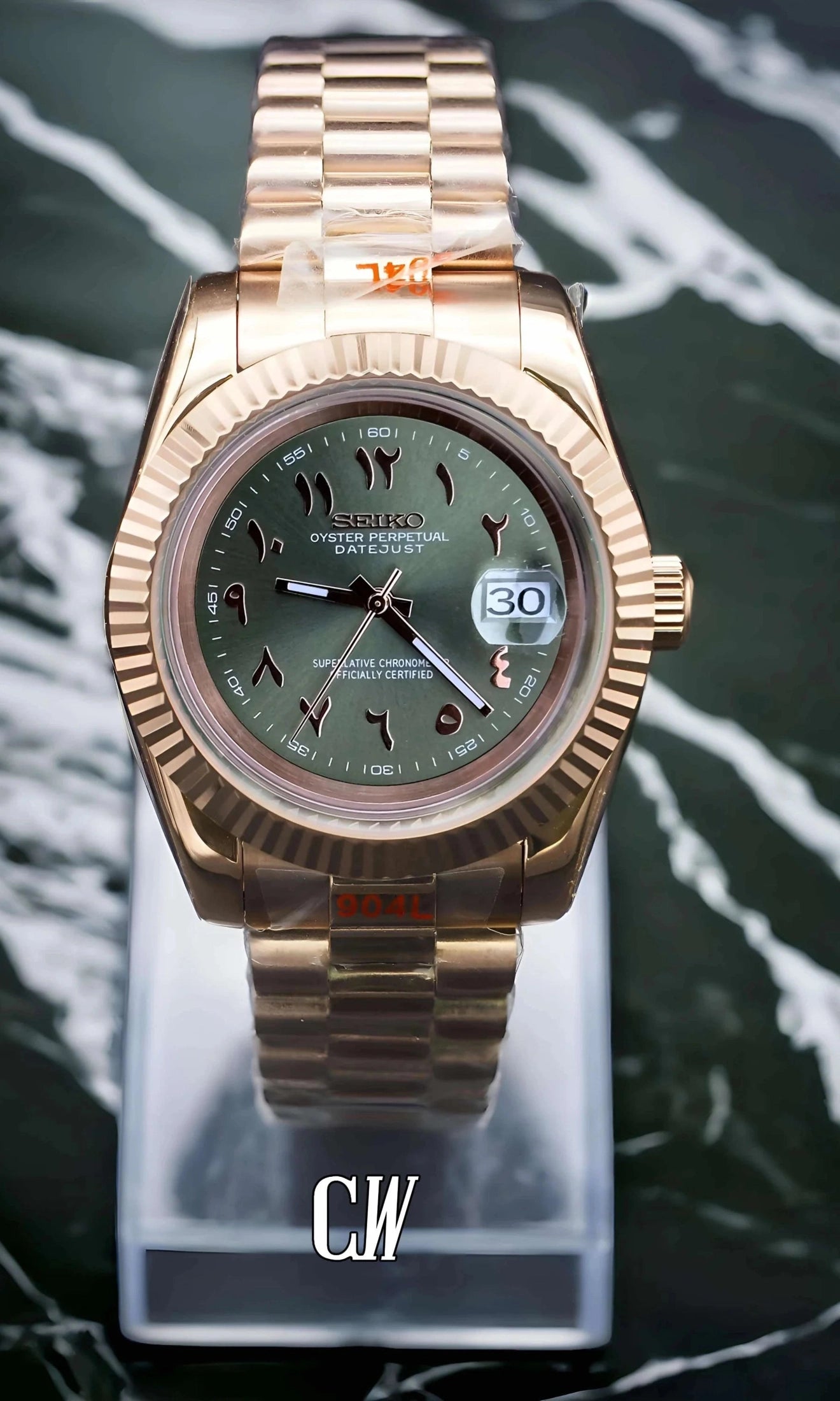 Seikojust mod watch rose gold 'arabic olive green' - Circa Watch Labs seiko mod