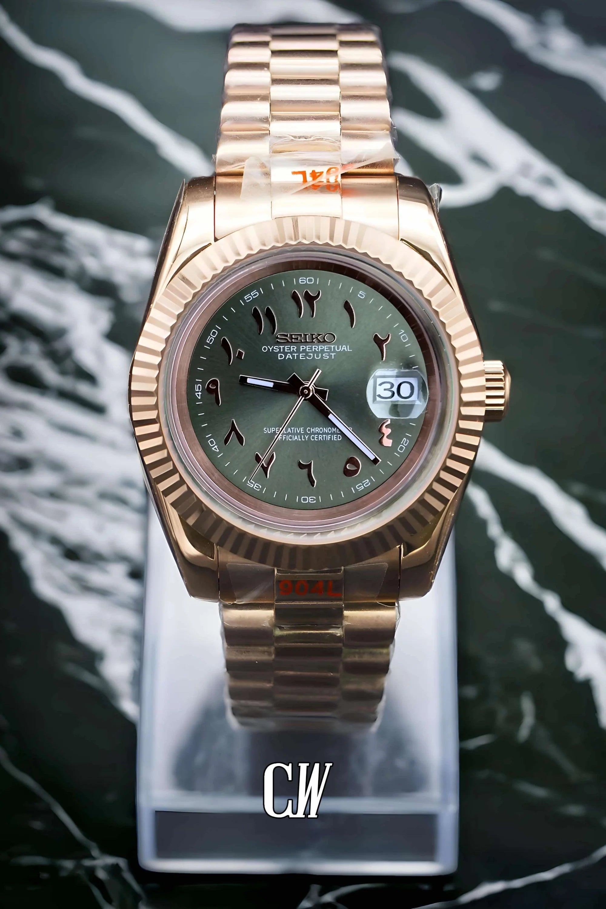 Seikojust mod watch rose gold 'arabic olive green' - Circa Watch Labs seiko mod