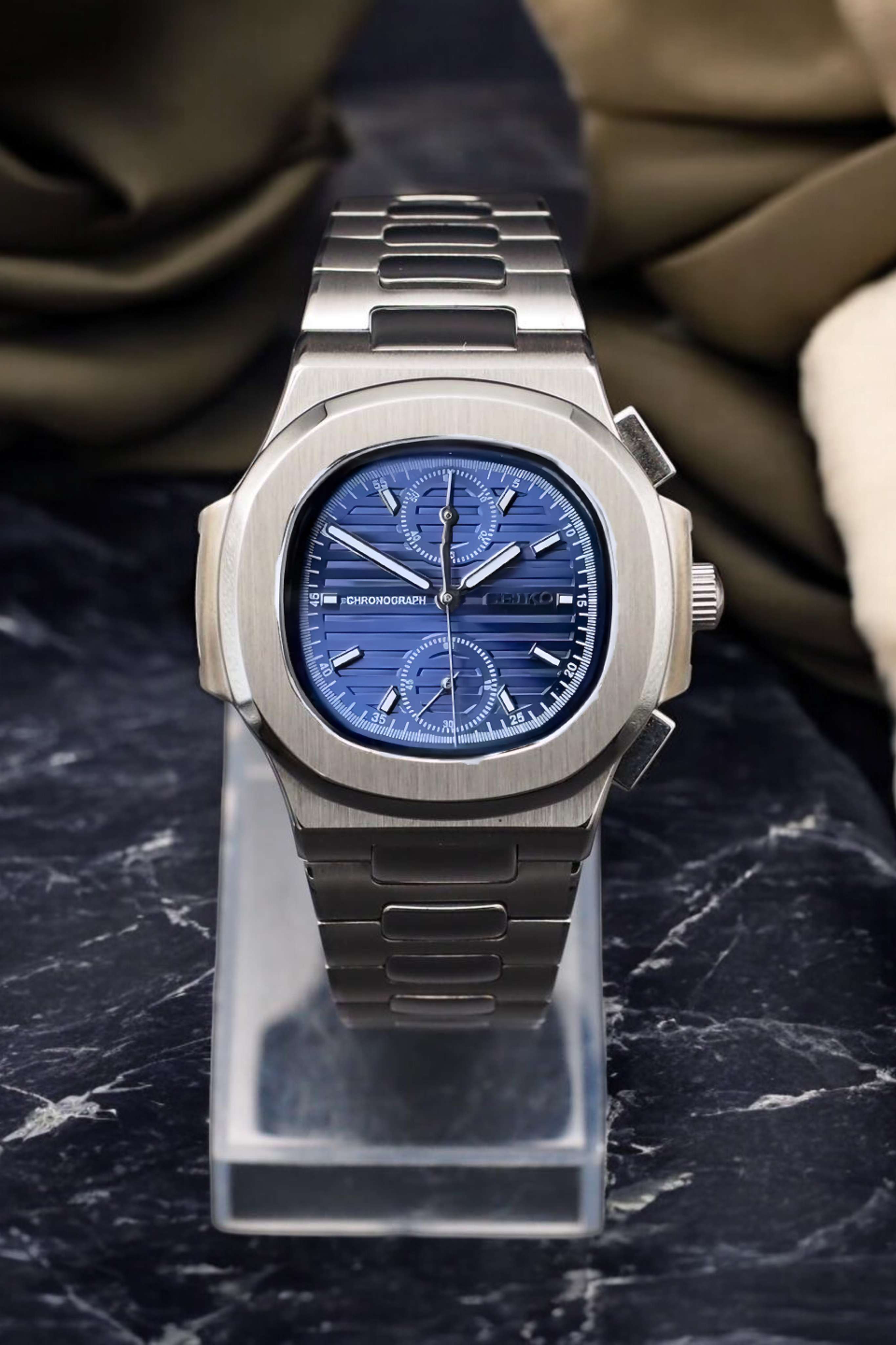 Seikonautilus mod chronograph watch blue - Circa Watch Labs seiko mod