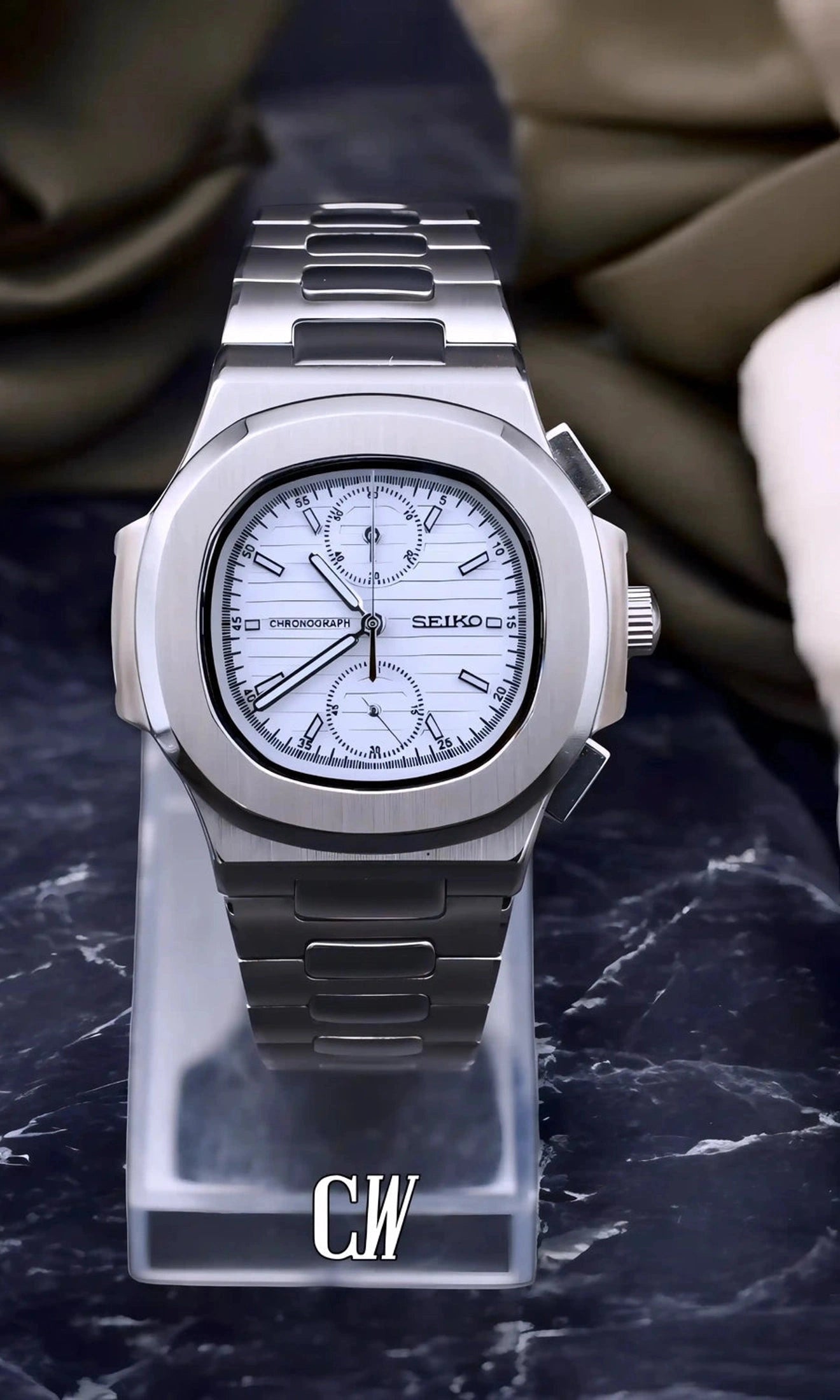 seiko mod Seikonautilus mod chronograph watch white