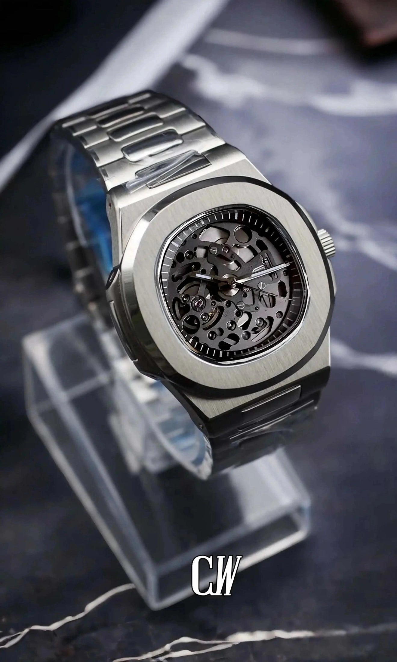 seiko mod Seikonautilus mod skeleton watch silver