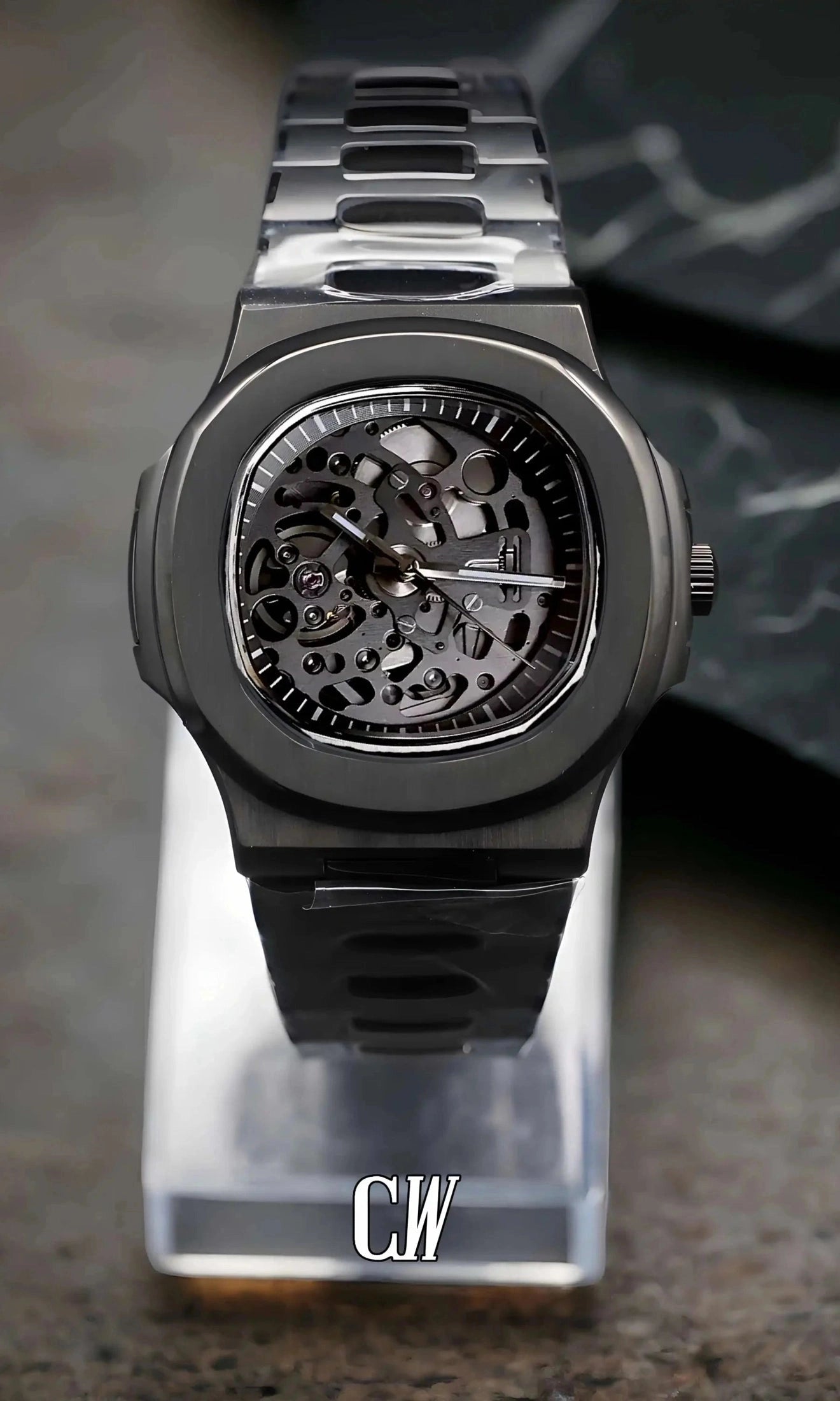 seiko mod Seikonautilus mod skeleton watch triple black