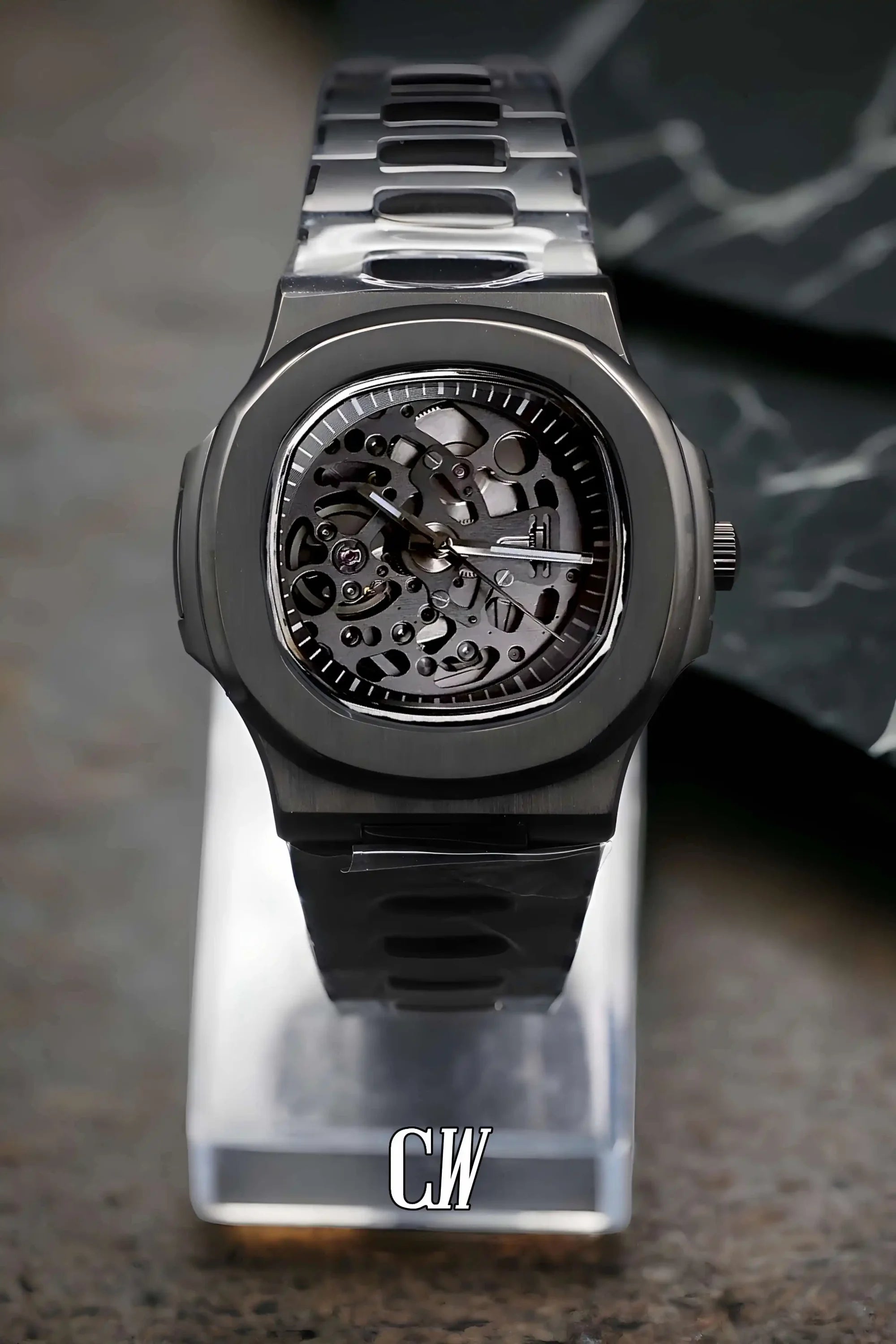 Seikonautilus mod skeleton watch triple black - Circa Watch Labs seiko mod
