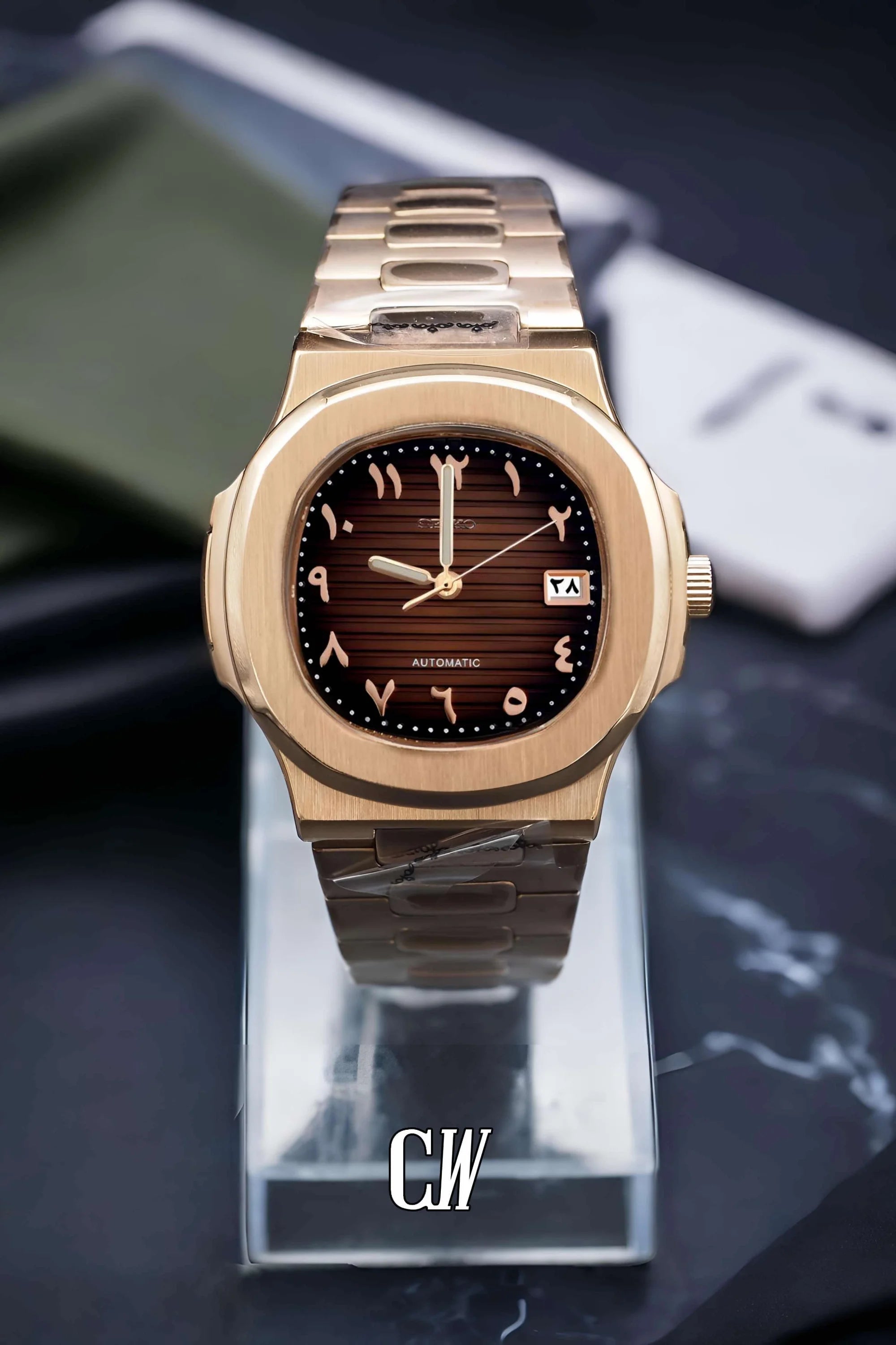 Seikonautilus mod watch arabic brown rose gold - Circa Watch Labs seiko mod