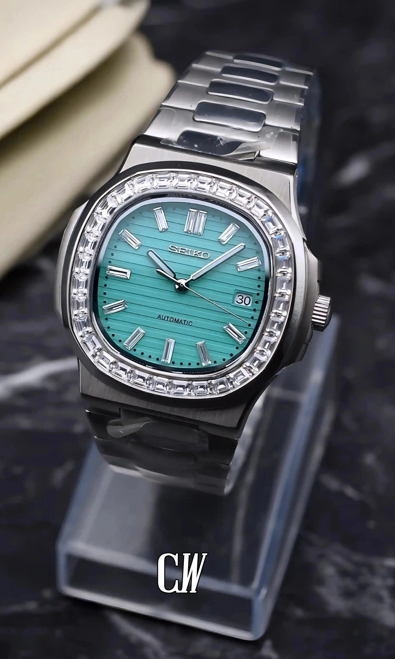 seiko mod Seikonautilus mod watch baguette 'tiffany' blue