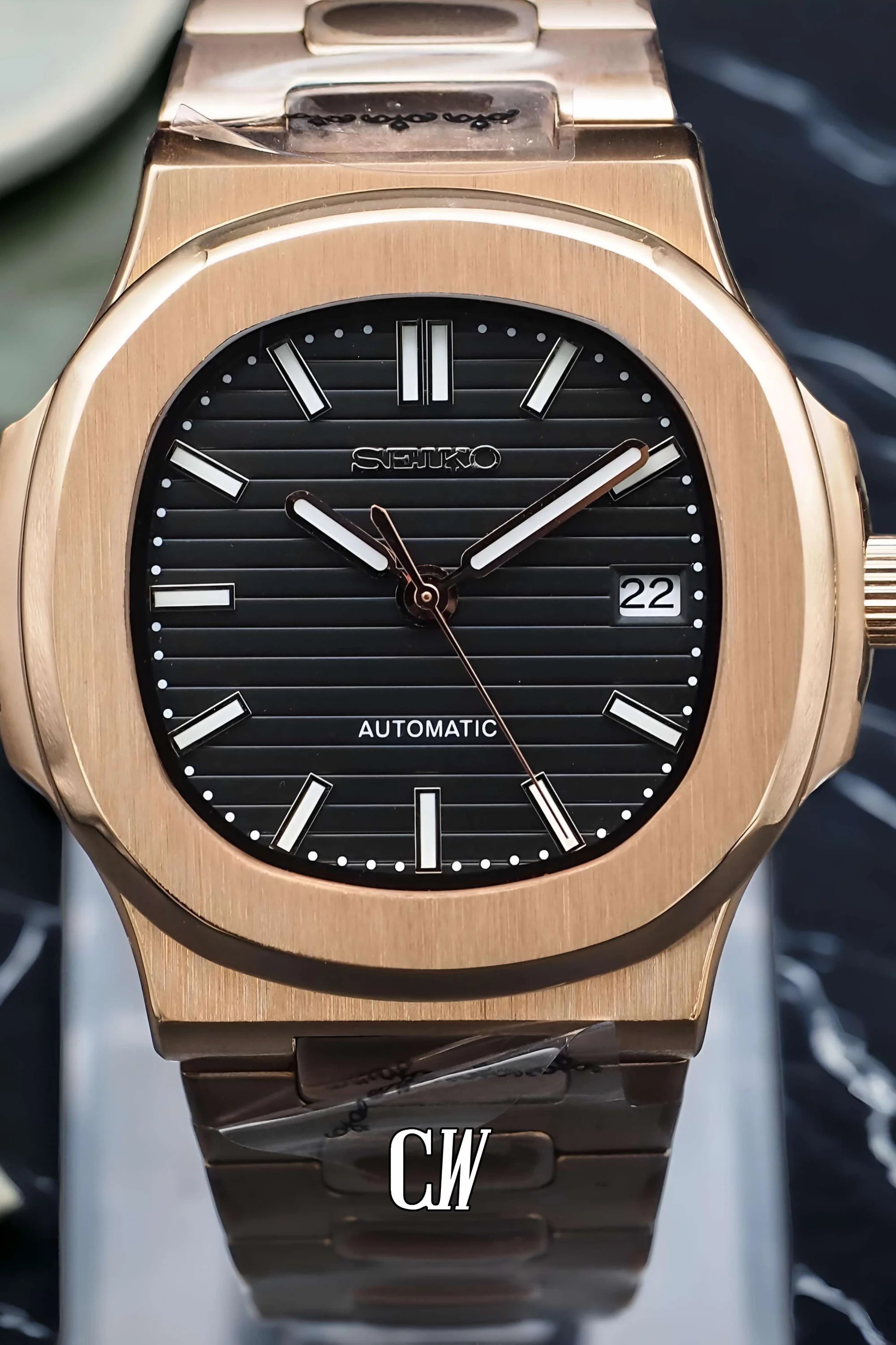 Seikonautilus mod watch rose gold black - Circa Watch Labs seiko mod