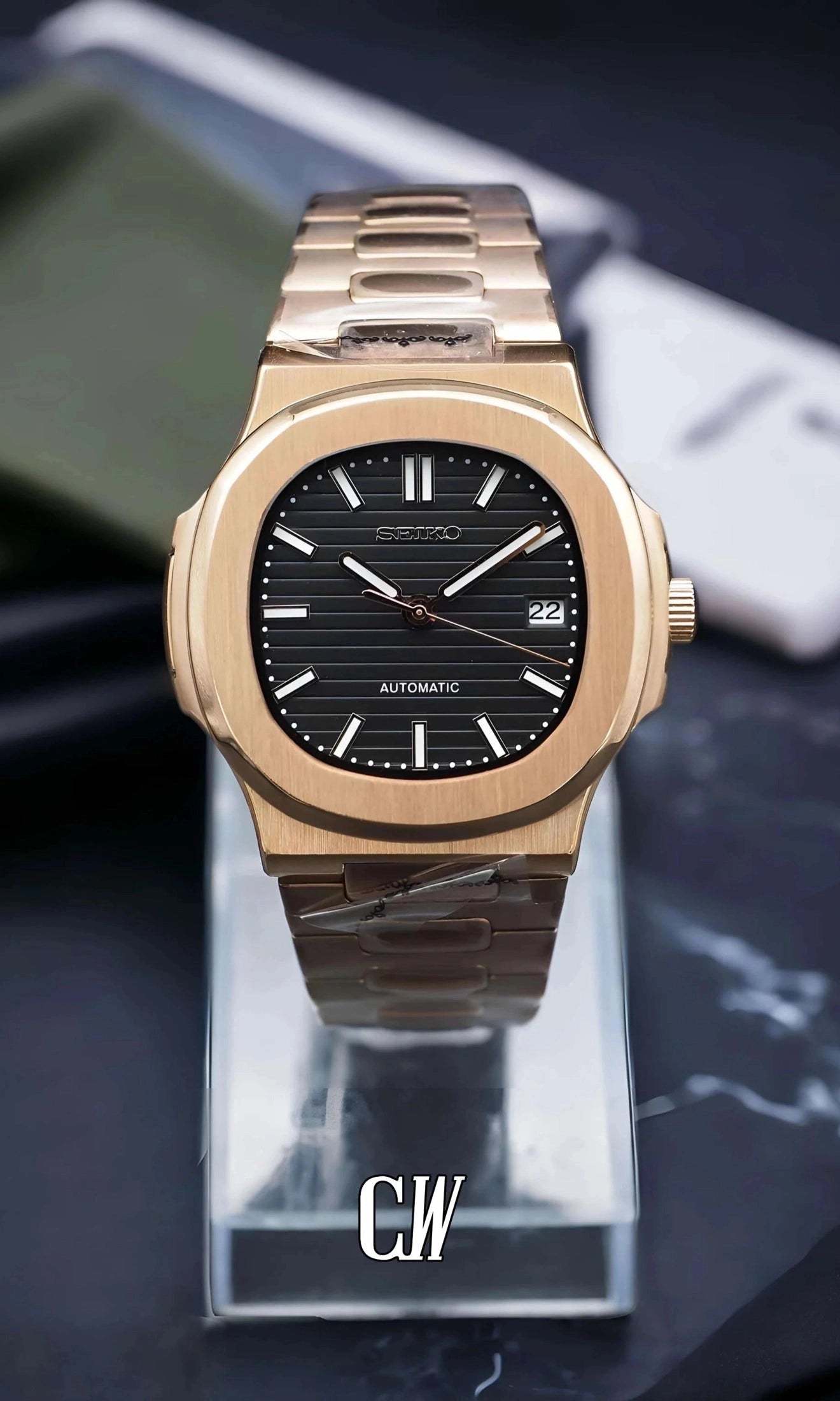 seiko mod Seikonautilus mod watch rose gold black