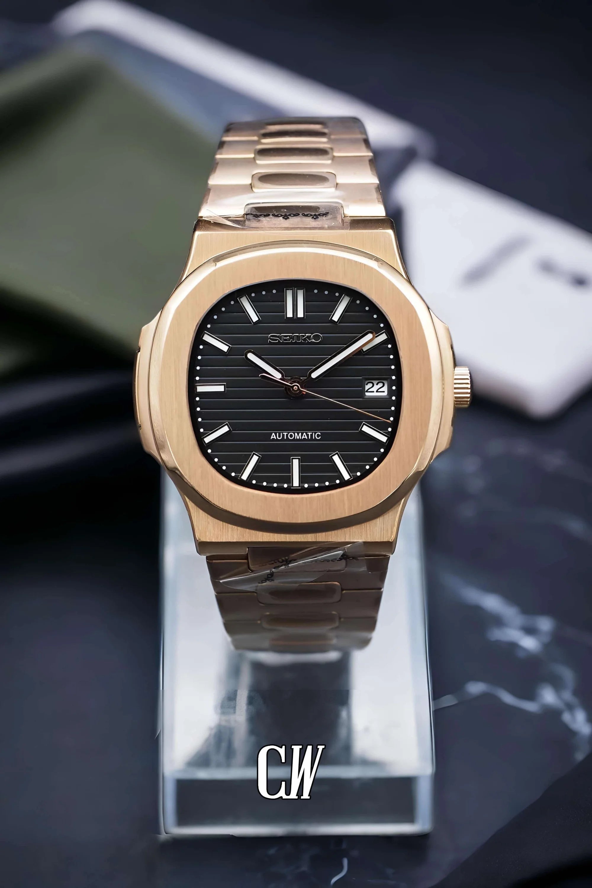 Seikonautilus mod watch rose gold black - Circa Watch Labs seiko mod