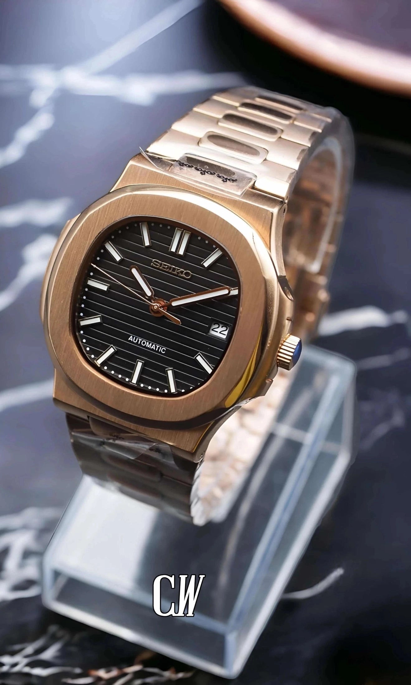 Seikonautilus mod watch rose gold black - Circa Watch Labs