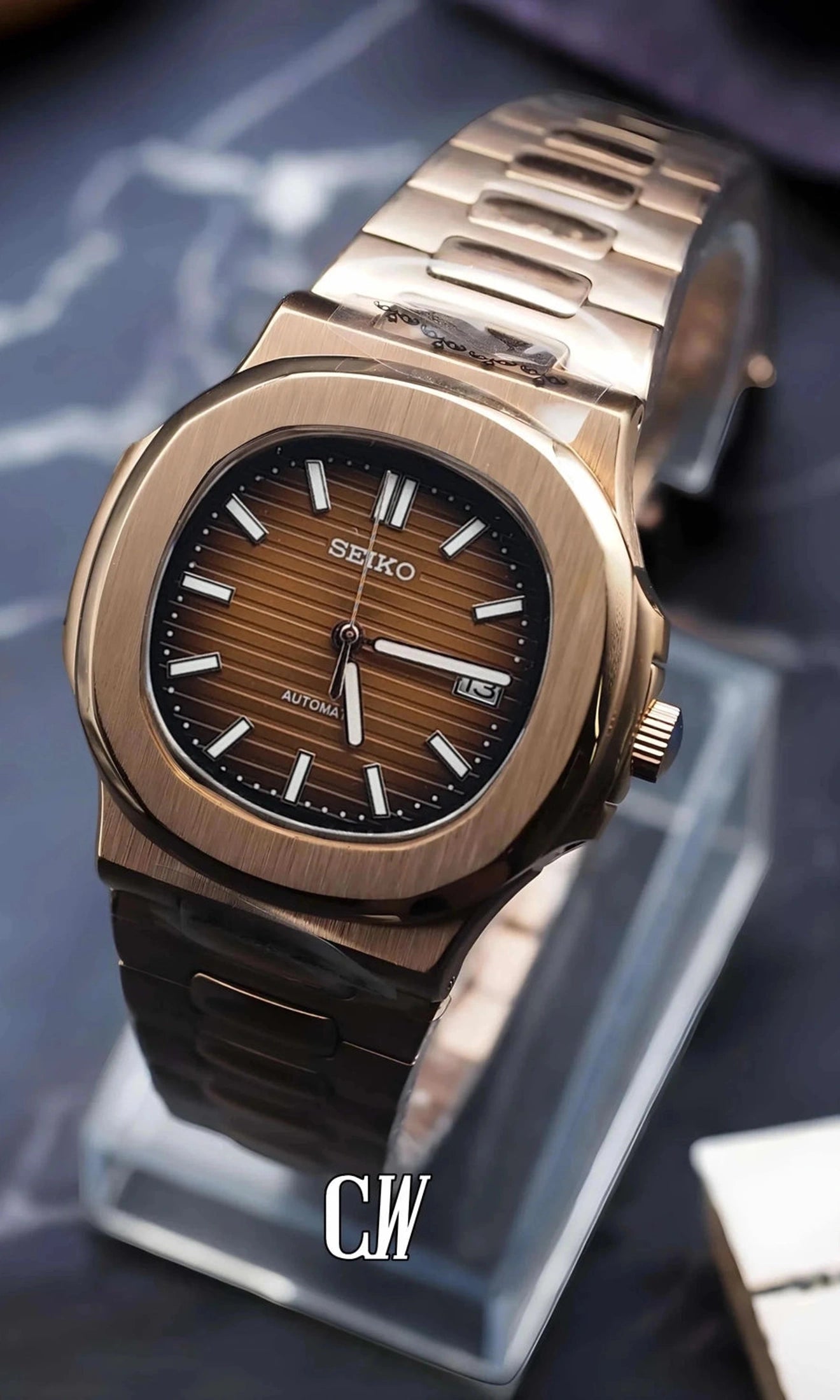 seiko mod Seikonautilus mod watch rose gold brown