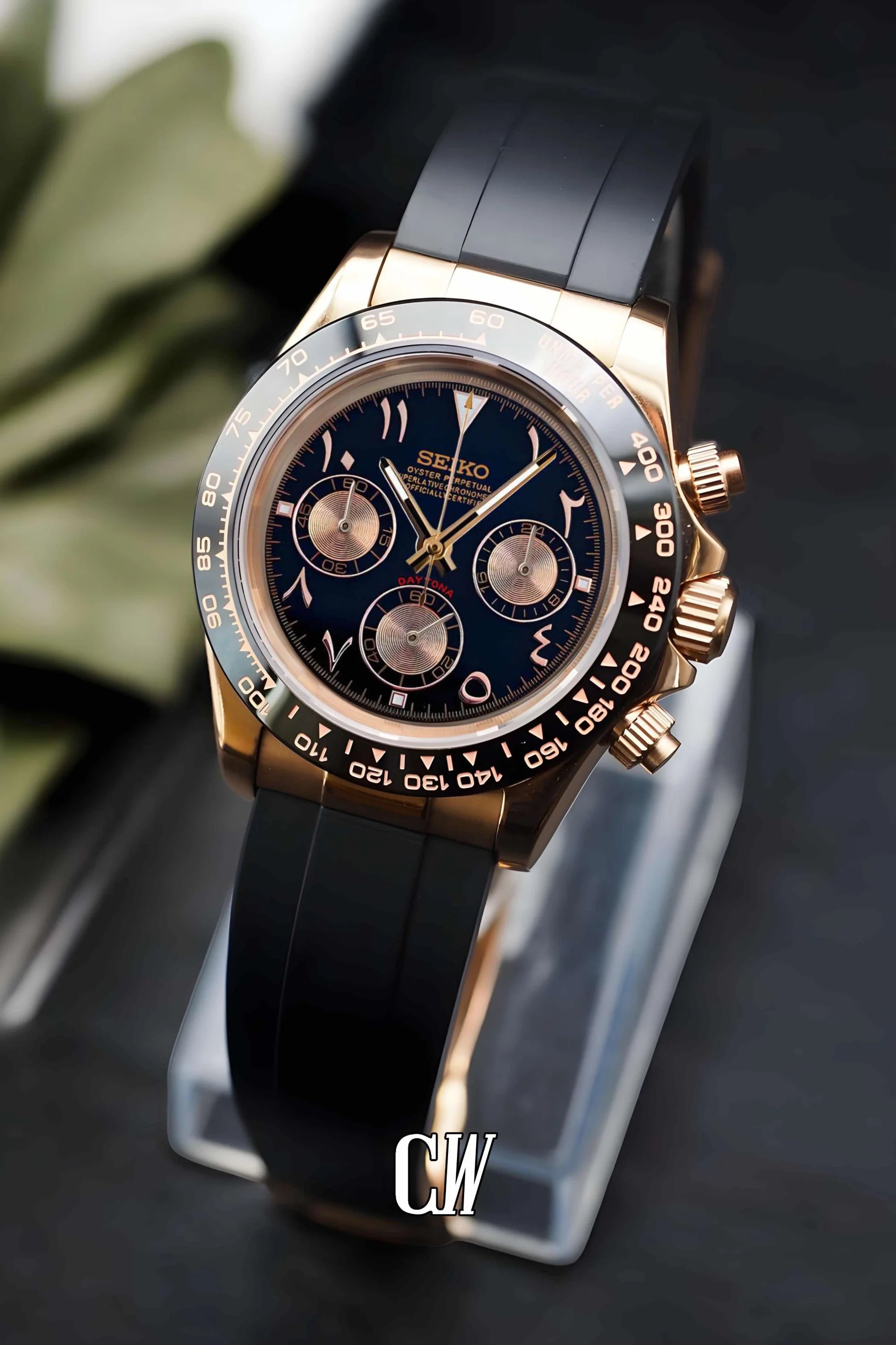 Seitona mod black rose gold arabic watch - Circa Watch Labs