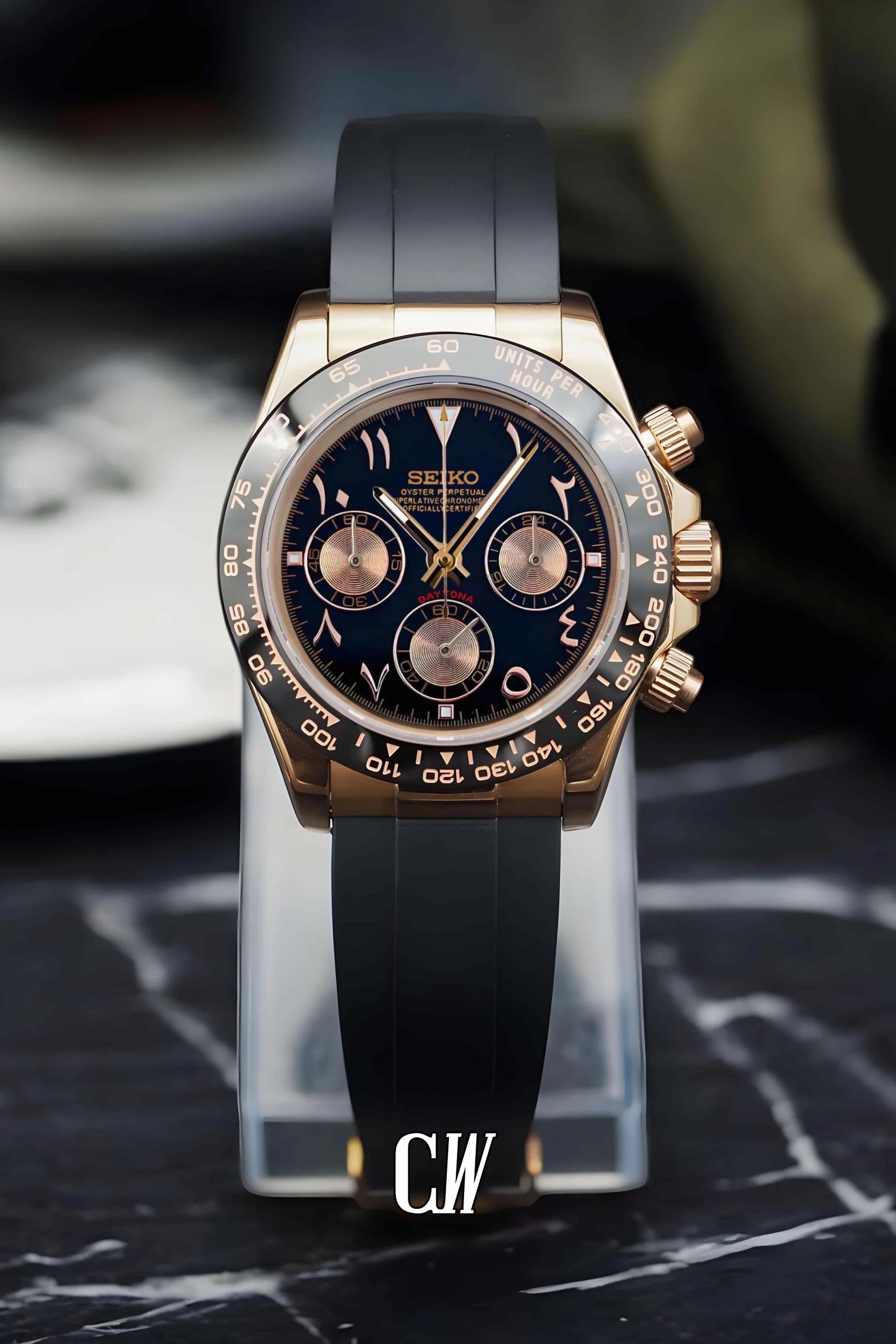 Seitona mod black rose gold arabic watch - Circa Watch Labs