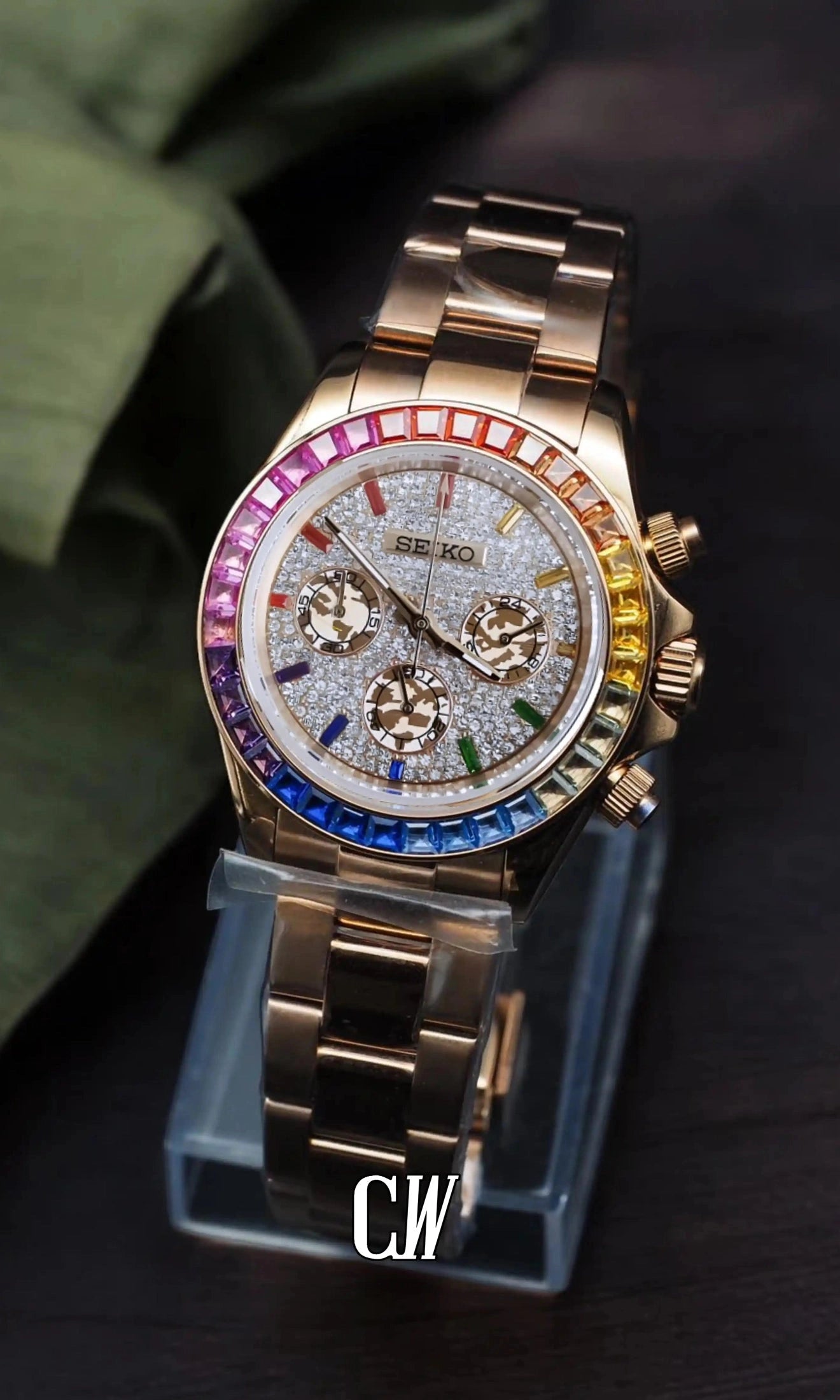 Seitona mod rainbow rose gold baguette style watch - Circa Watch Labs seiko mod