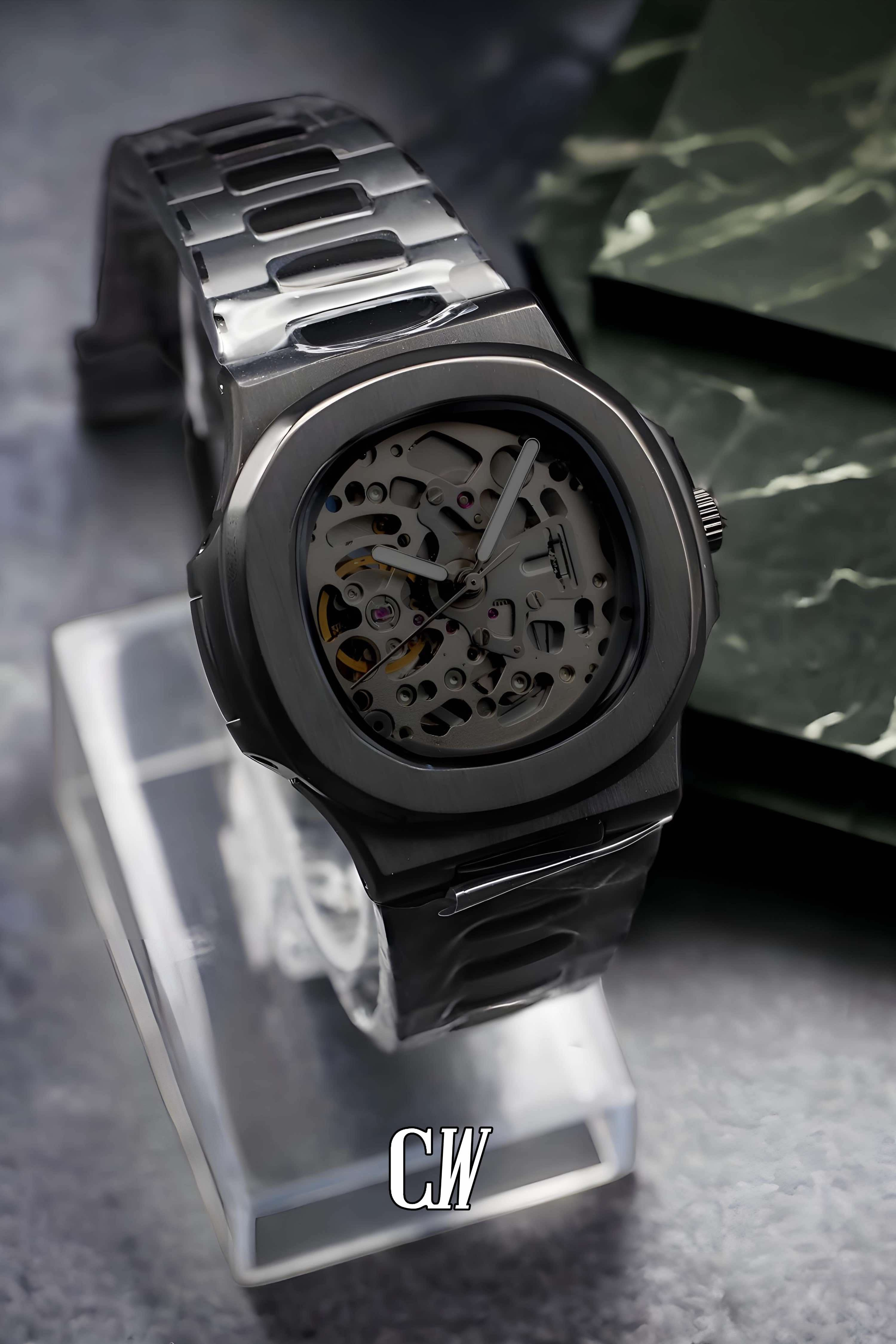 Seikonautilus mod skeleton watch triple black - Circa Watch Labs